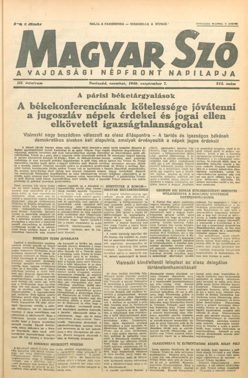 Magyar Szó, 3. évf. 1946. szeptember 7. 212. sz. 1–6. oldal