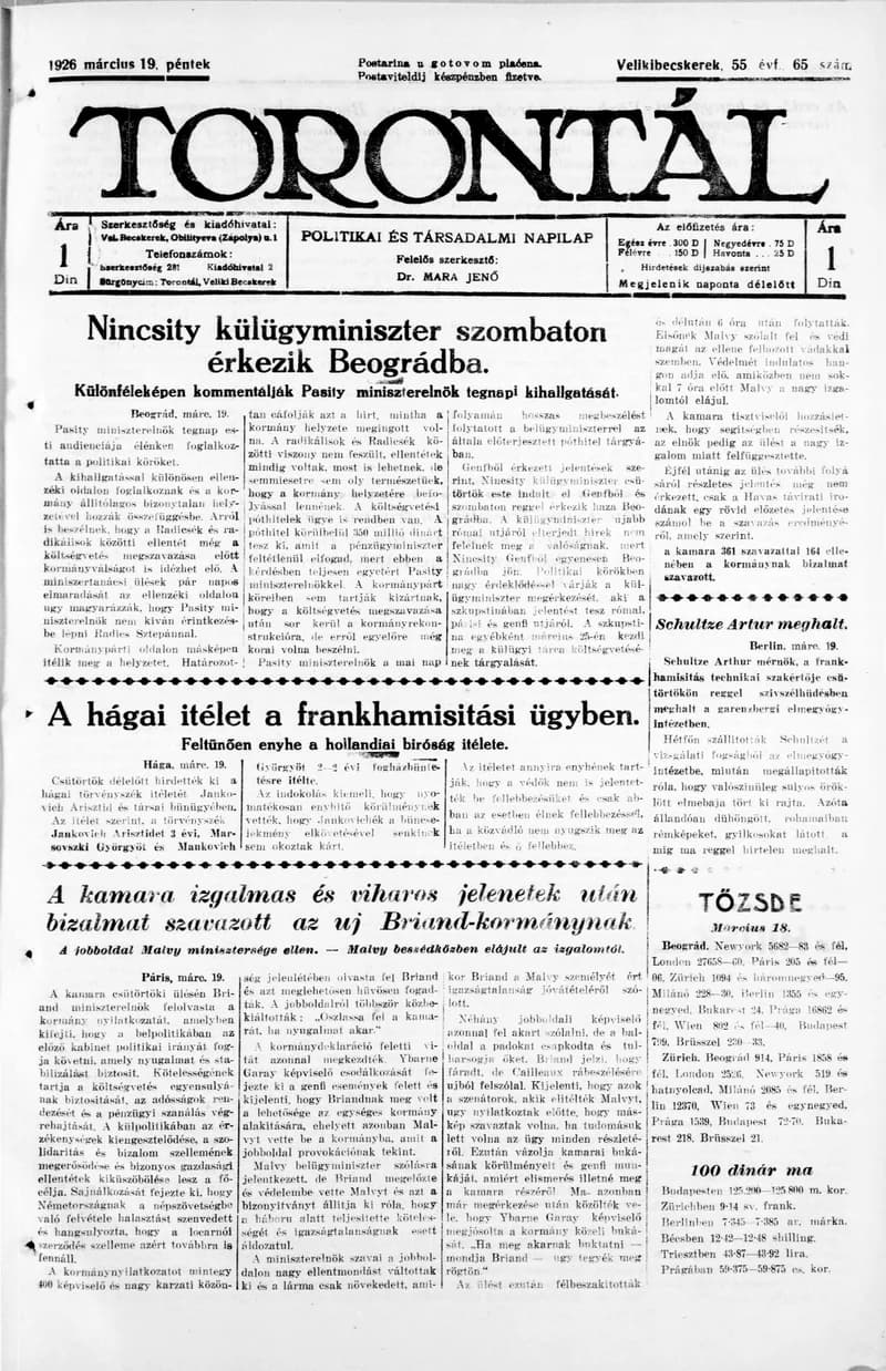 Torontál, 55. évf. 1926. március 19. 65. sz.