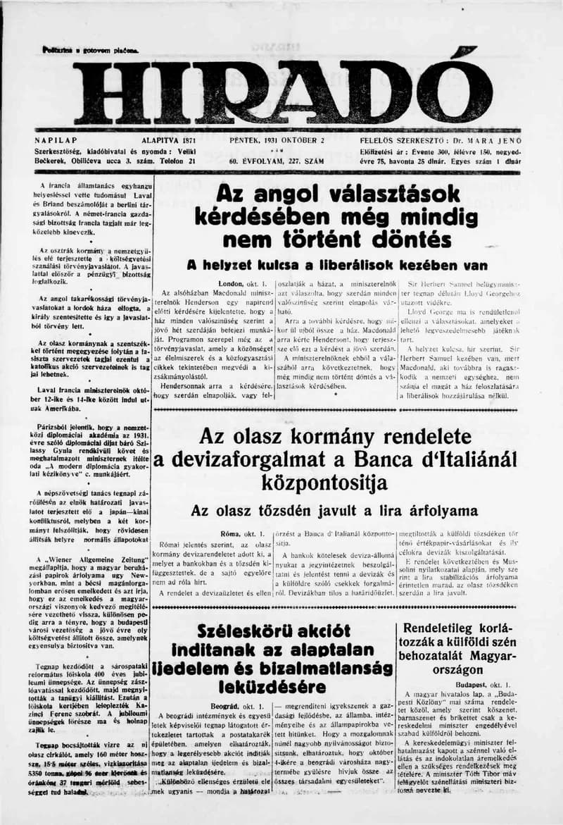 Híradó, 60. évf. 1931. október 2. 227. sz.