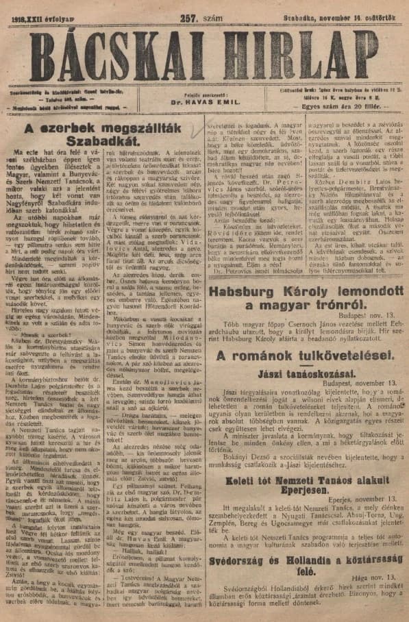 Bácskai Hirlap, 22. évf. 1918. november 14. 257. sz.