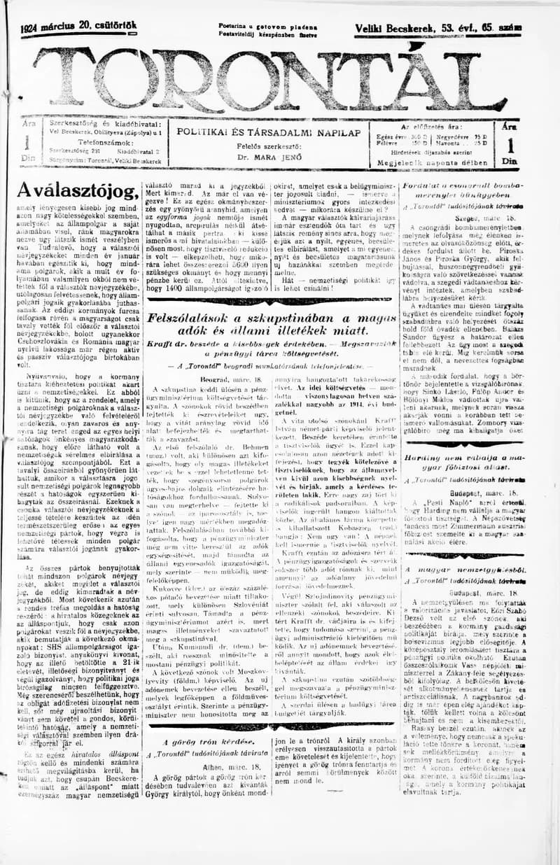Torontál, 53. évf. 1924. március 20. 65. sz.