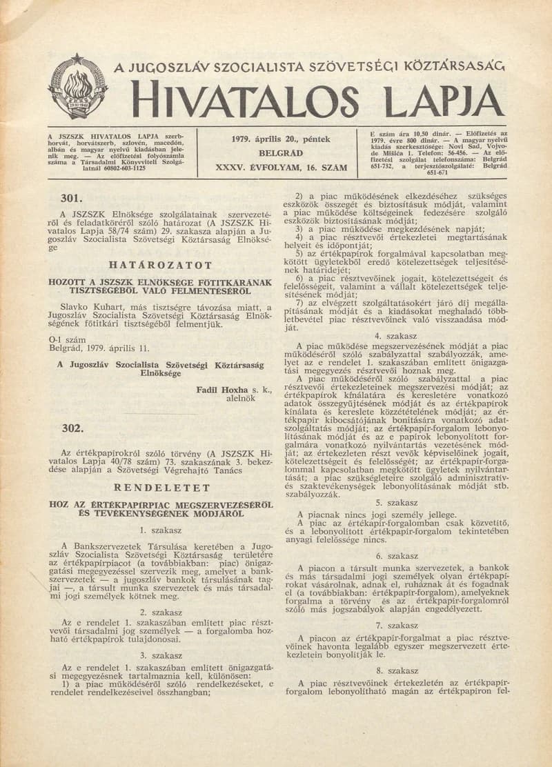A Jugoszláv Szocialista Szövetségi Köztársaság Hivatalos Lapja, 35. évf. 1979. április 20. 16. sz. 549–576. oldal