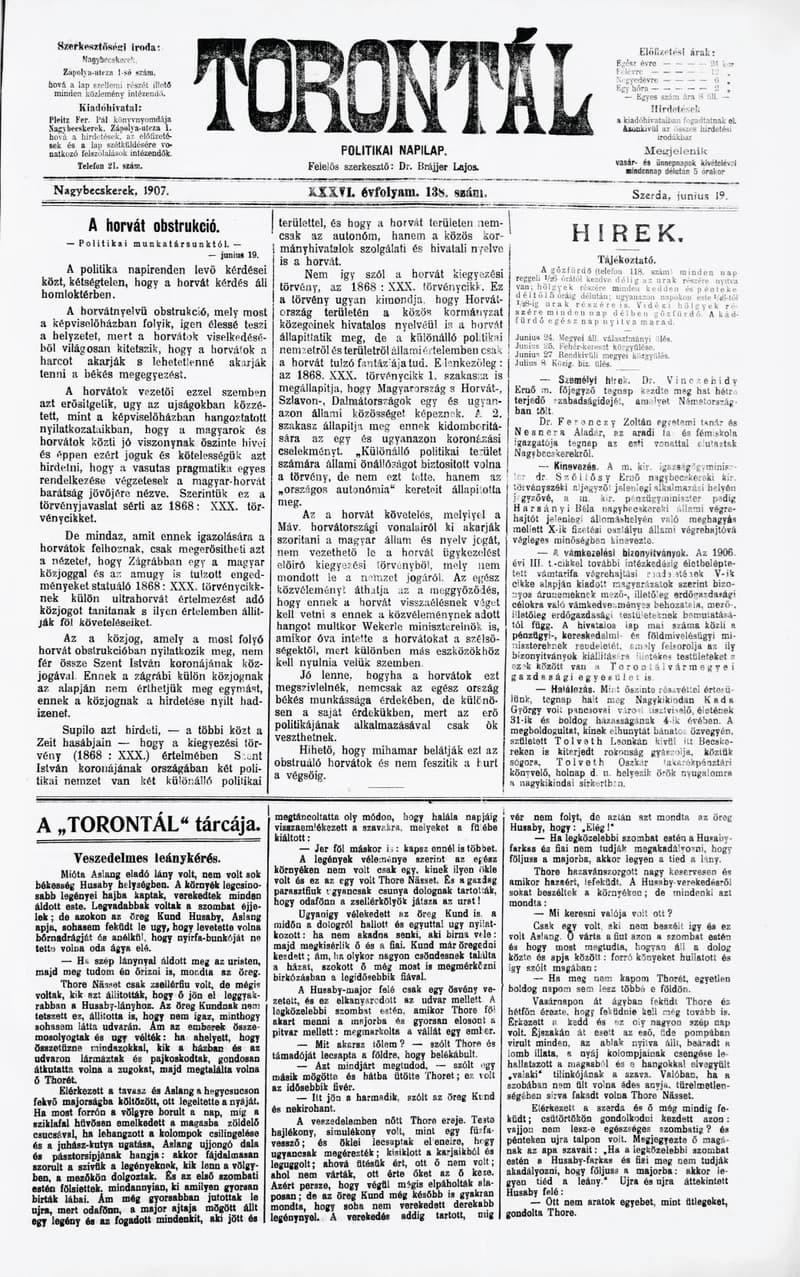 Torontál, 36. évf. 1907. június 19. 138. sz.