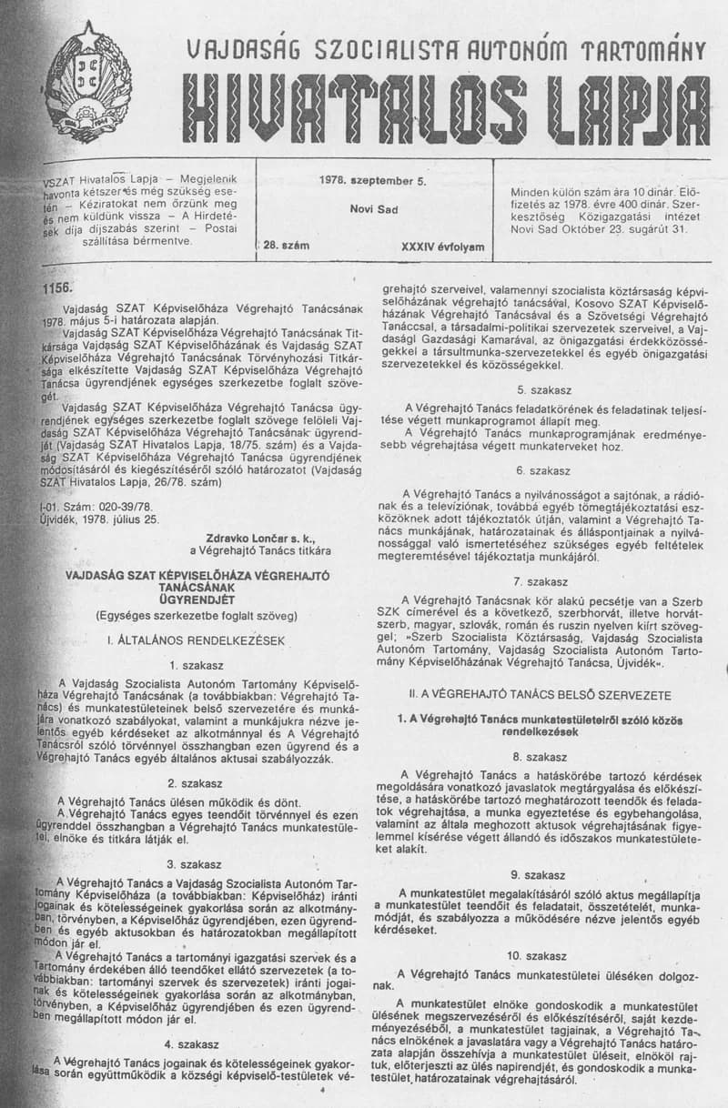 Vajdaság Szocialista Autonóm Tartomány Hivatalos Lapja, 34. évf. 1978. szeptember 5. 28. sz. 1229–1260. oldal