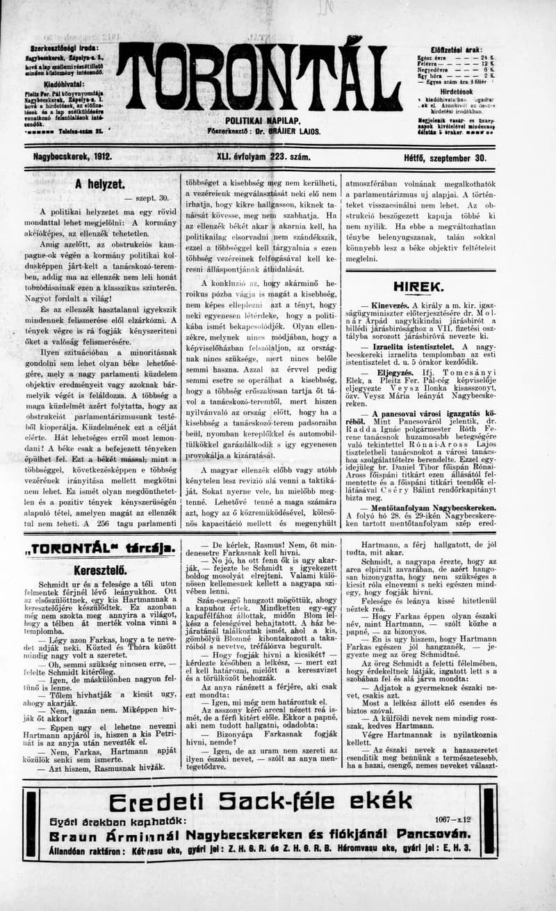Torontál, 41. évf. 1912. szeptember 30. 223. sz.