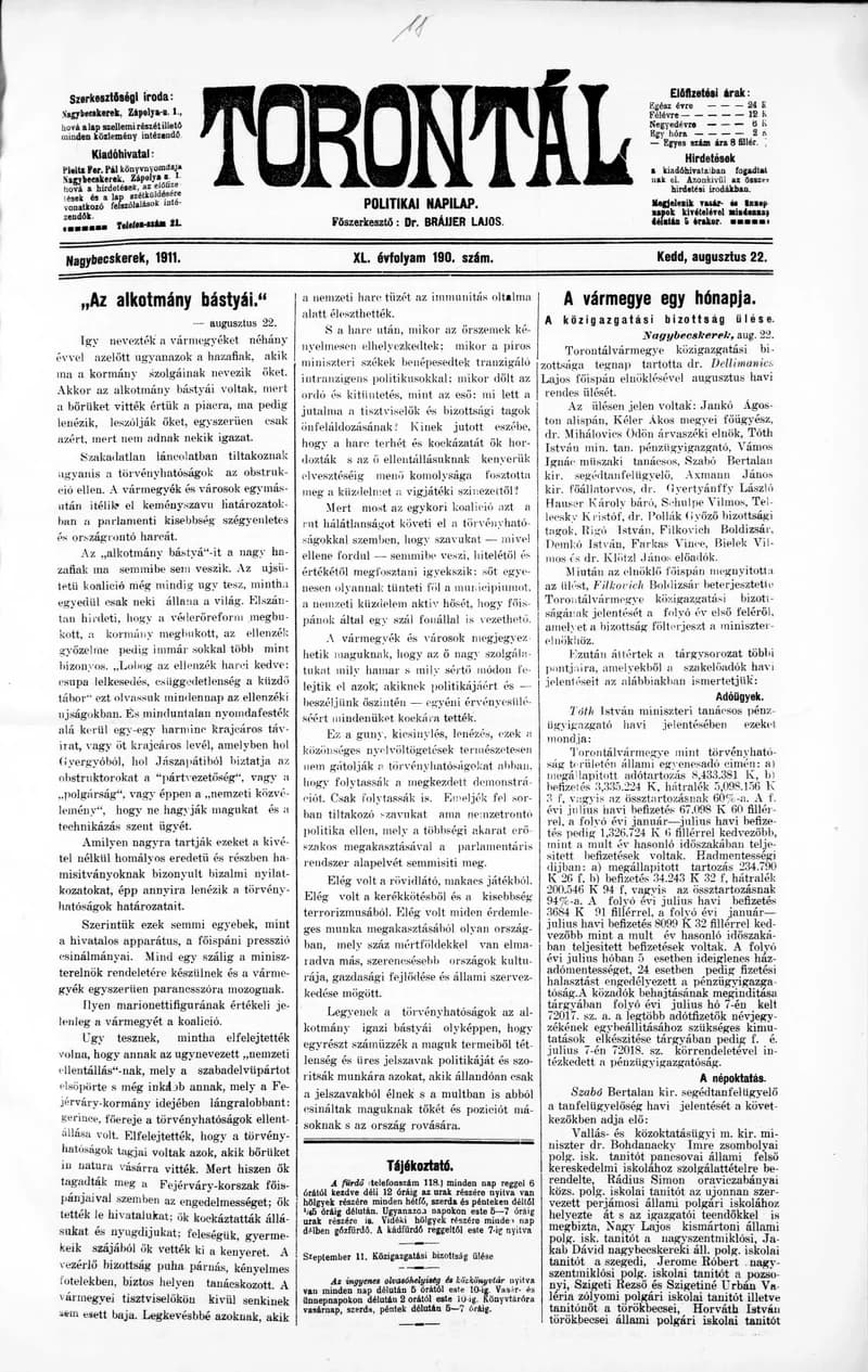 Torontál, 40. évf. 1911. augusztus 22. 190. sz.