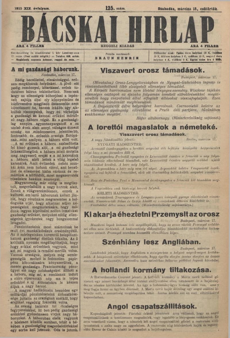 Bácskai Hirlap, 19. évf. 1915. március 18. 125. sz.