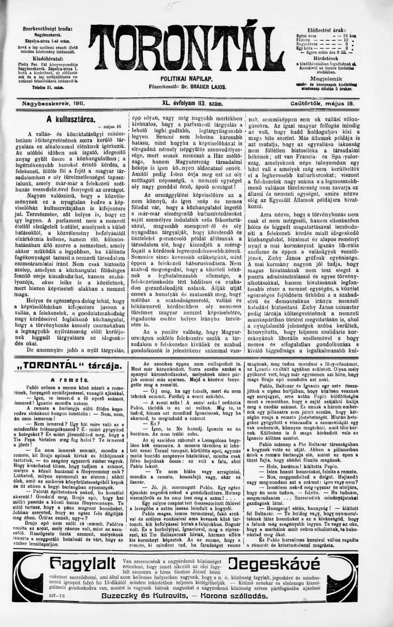 Torontál, 40. évf. 1911. május 18. 113. sz.