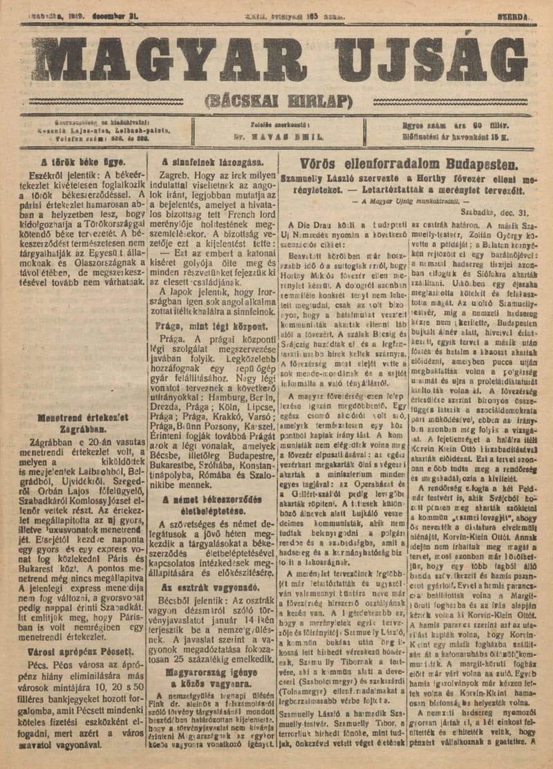Bácskai Hirlap, 23. évf. 1919. december 31. 165. sz.