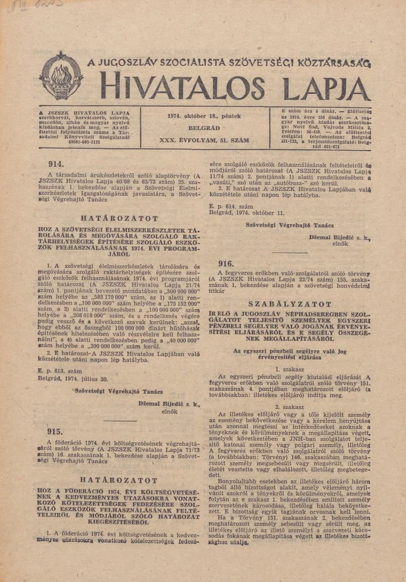 A Jugoszláv Szocialista Szövetségi Köztársaság Hivatalos Lapja, 30. évf. 1974. október 18. 51. sz. 1493–1500. oldal