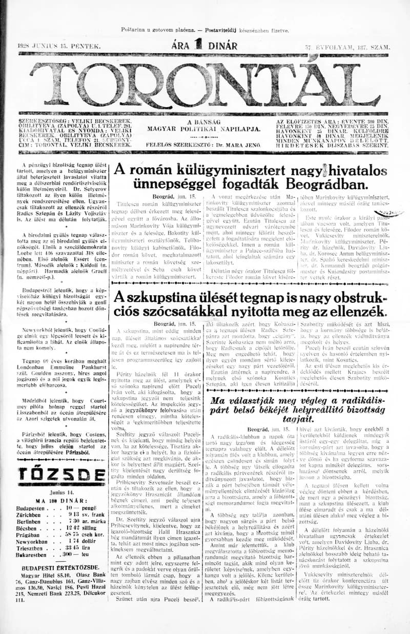 Torontál, 57. évf. 1928. június 15. 137. sz.