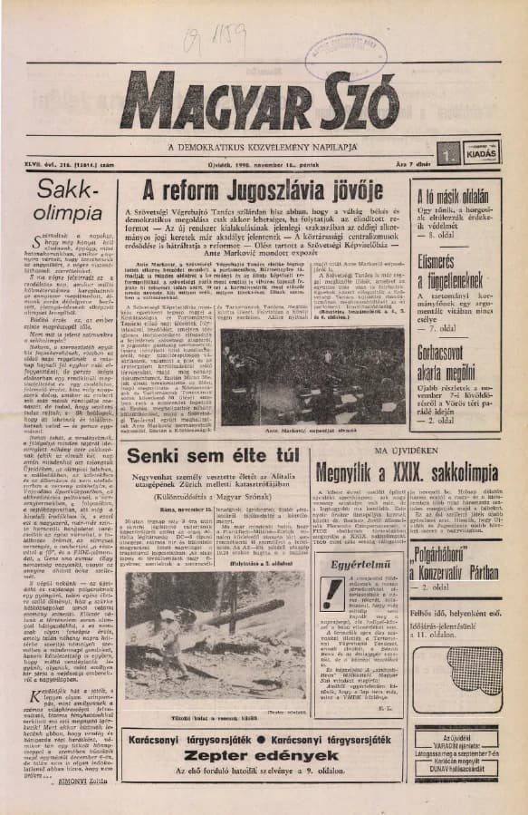Magyar Szó, 47. évf. 1990. november 16. 316. sz. 1–20. oldal