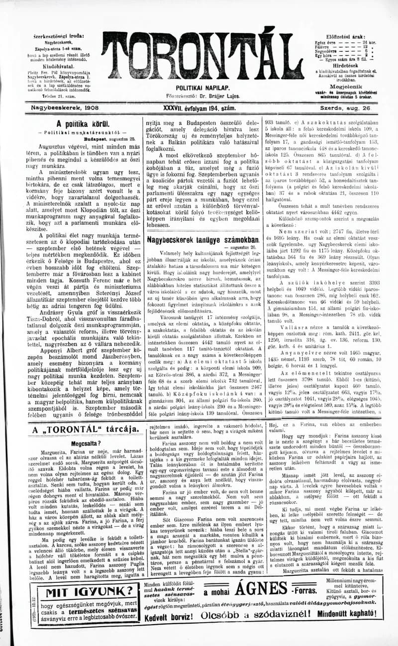 Torontál, 37. évf. 1908. augusztus 26. 194. sz.