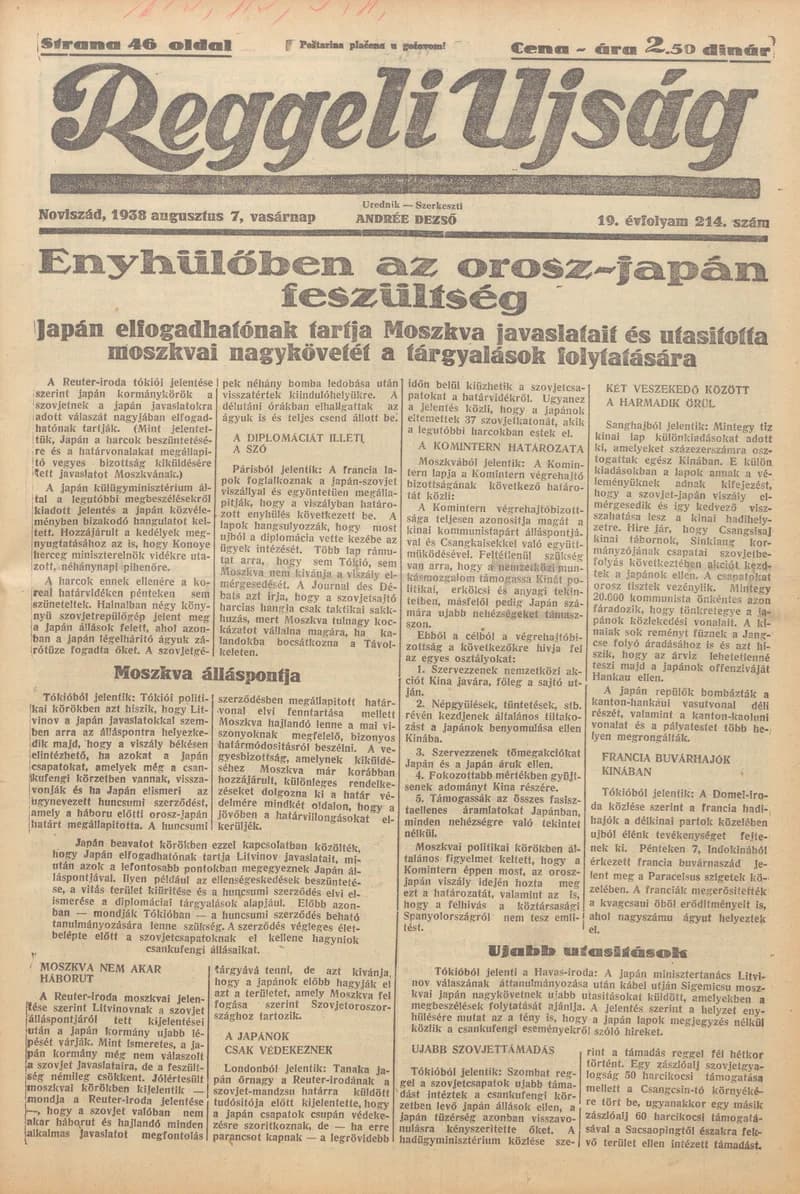 Reggeli Újság, 19. évf. 1938. augusztus 7. 214. sz.