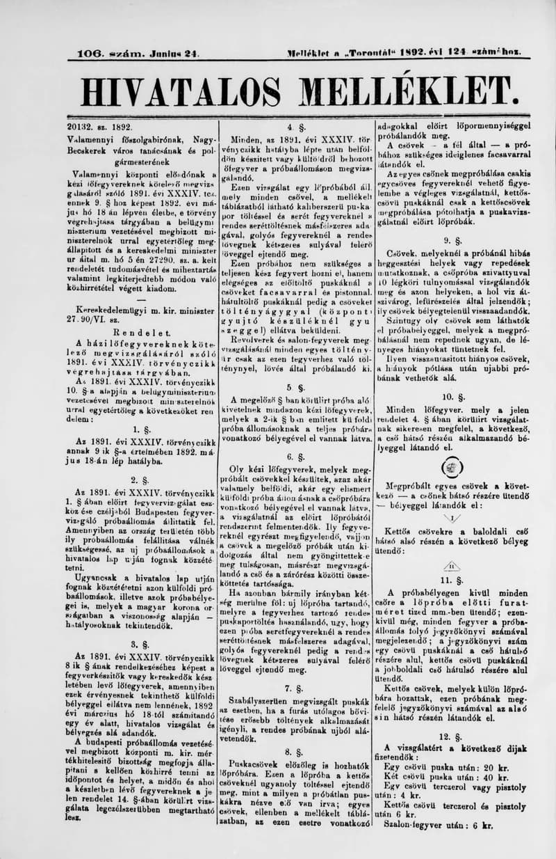 A Totontál  hivatalos melléklete, 5. évf. 1892. június 24. 106. sz.