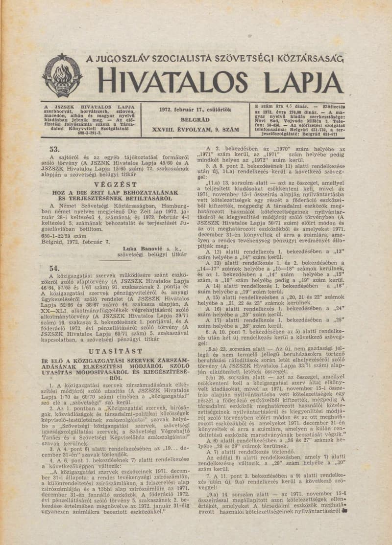 A Jugoszláv Szocialista Szövetségi Köztársaság Hivatalos Lapja, 28. évf. 1972. február 17. 9. sz. 225–240. oldal