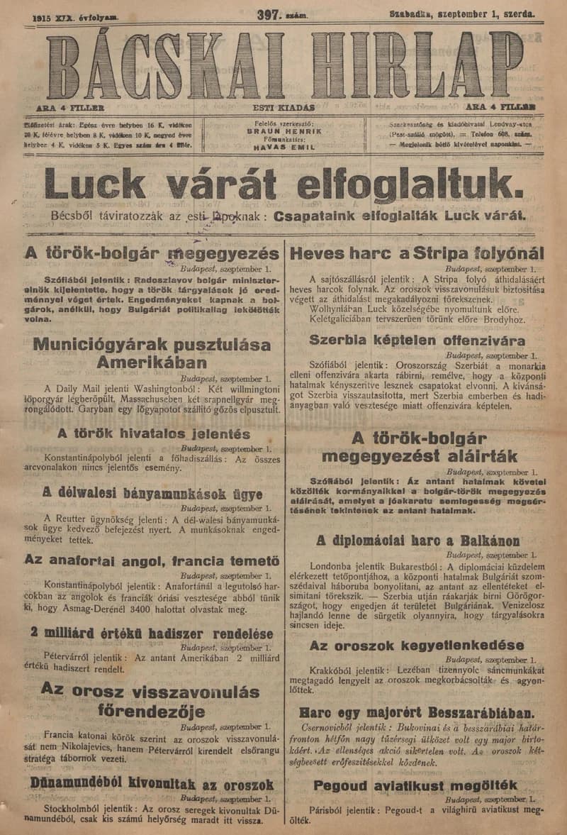 Bácskai Hirlap, 19. évf. 1915. szeptember 1. 397. sz.