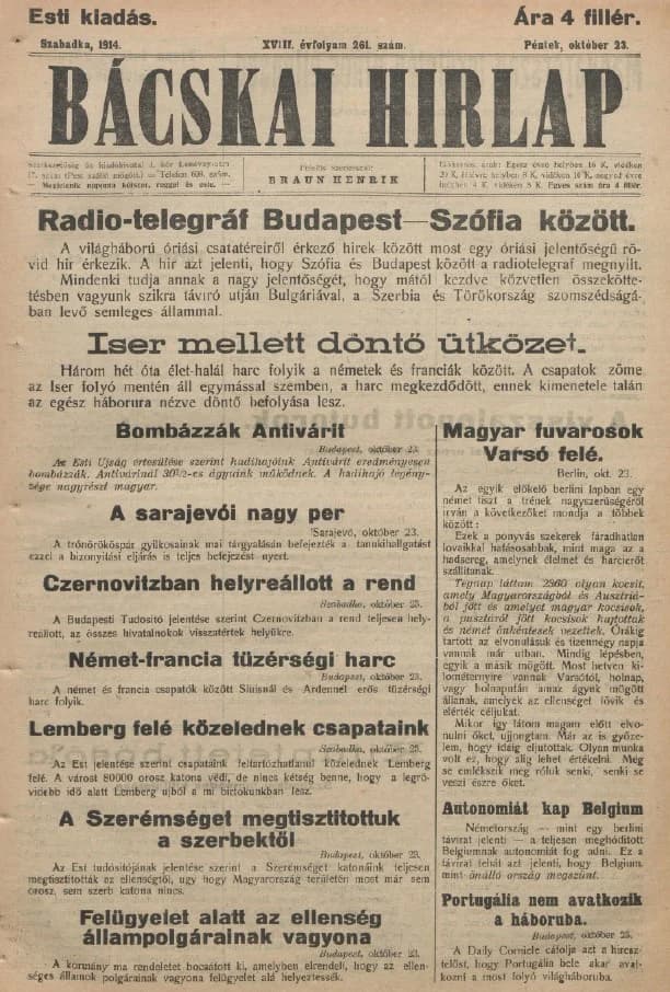 Bácskai Hirlap, 18. évf. 1914. október 23. 261. sz.