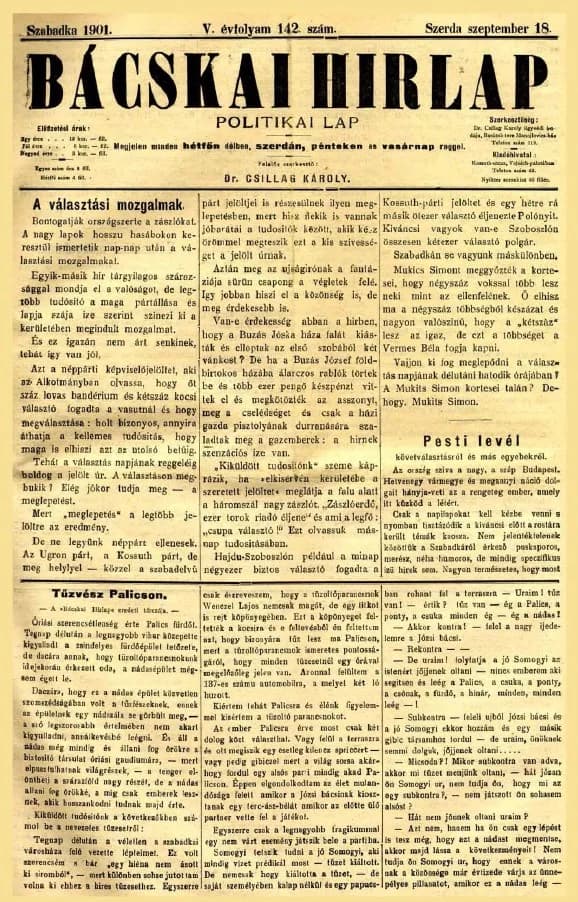 Bácskai Hirlap, 5. évf. 1901. szeptember 18. 142. sz.