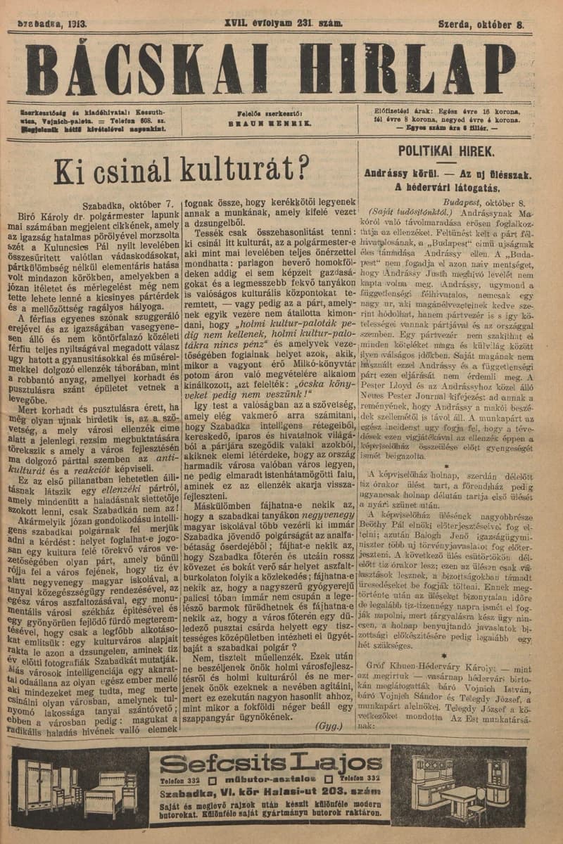 Bácskai Hirlap, 17. évf. 1913. október 8. 231. sz.