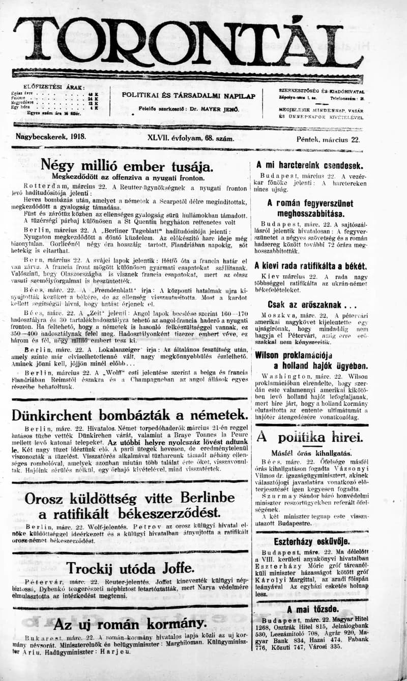Torontál, 47. évf. 1918. március 22. 68. sz.