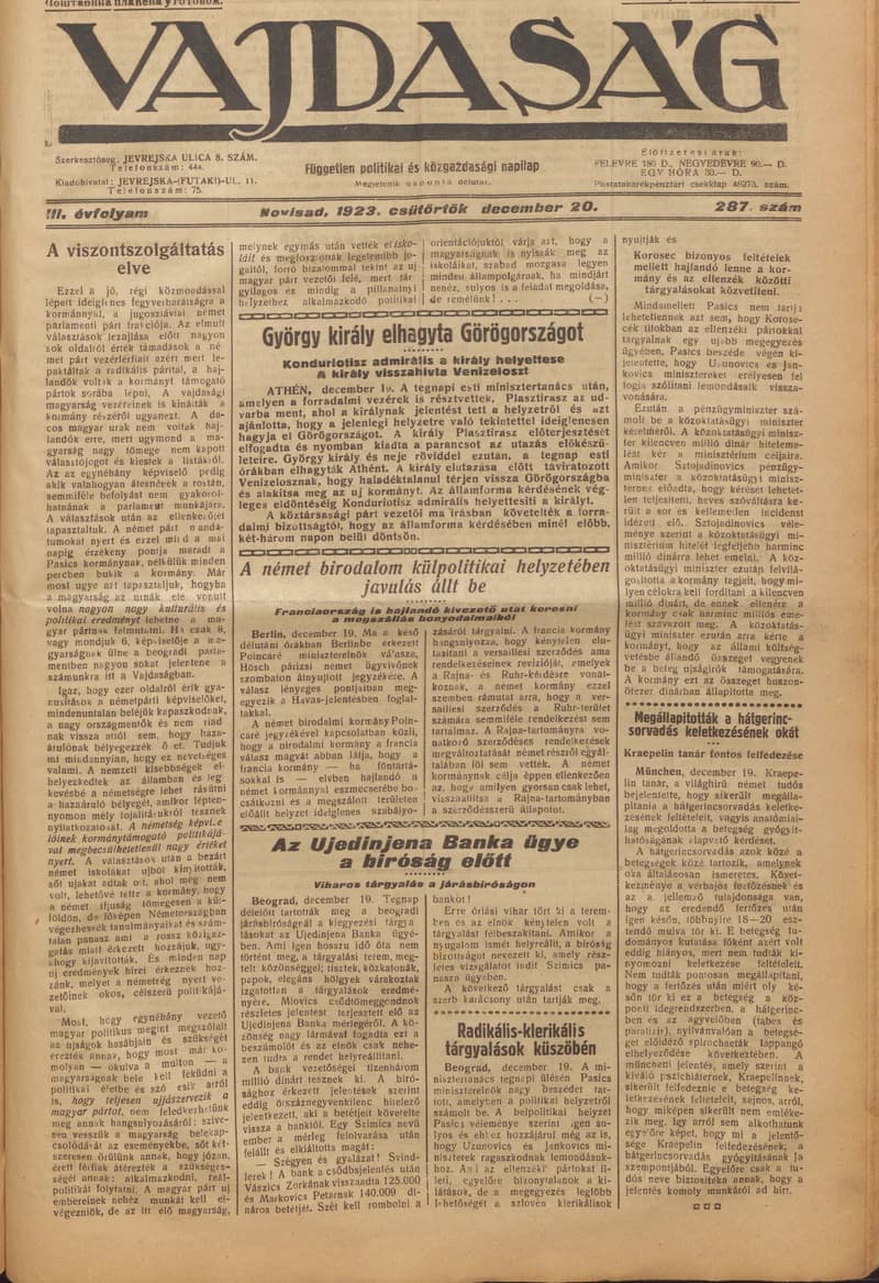 Vajdaság, 3. évf. 1923. december 20. 287. sz.