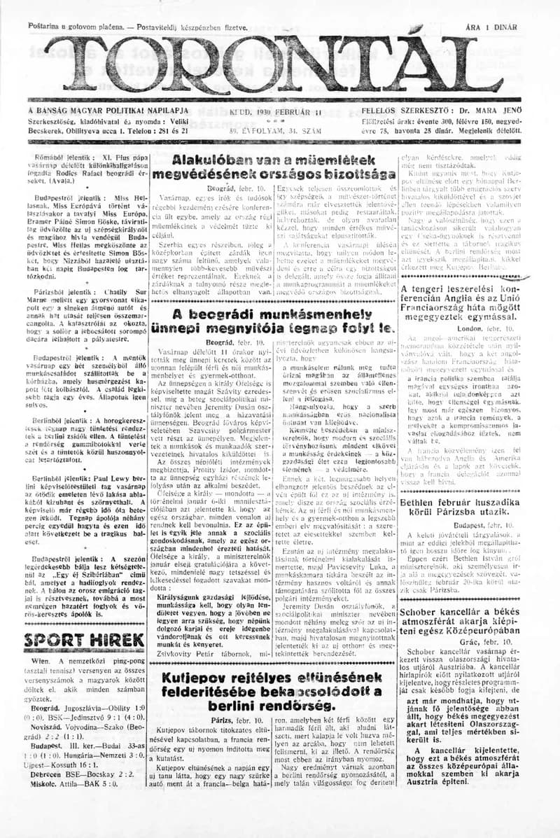Torontál, 59. évf. 1930. február 11. 34. sz.