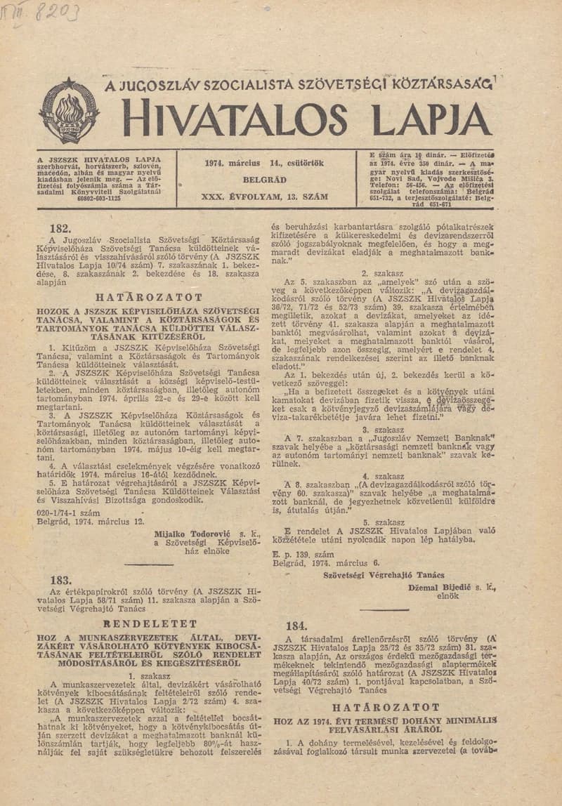 A Jugoszláv Szocialista Szövetségi Köztársaság Hivatalos Lapja, 30. évf. 1974. március 14. 13. sz. 317–356. oldal