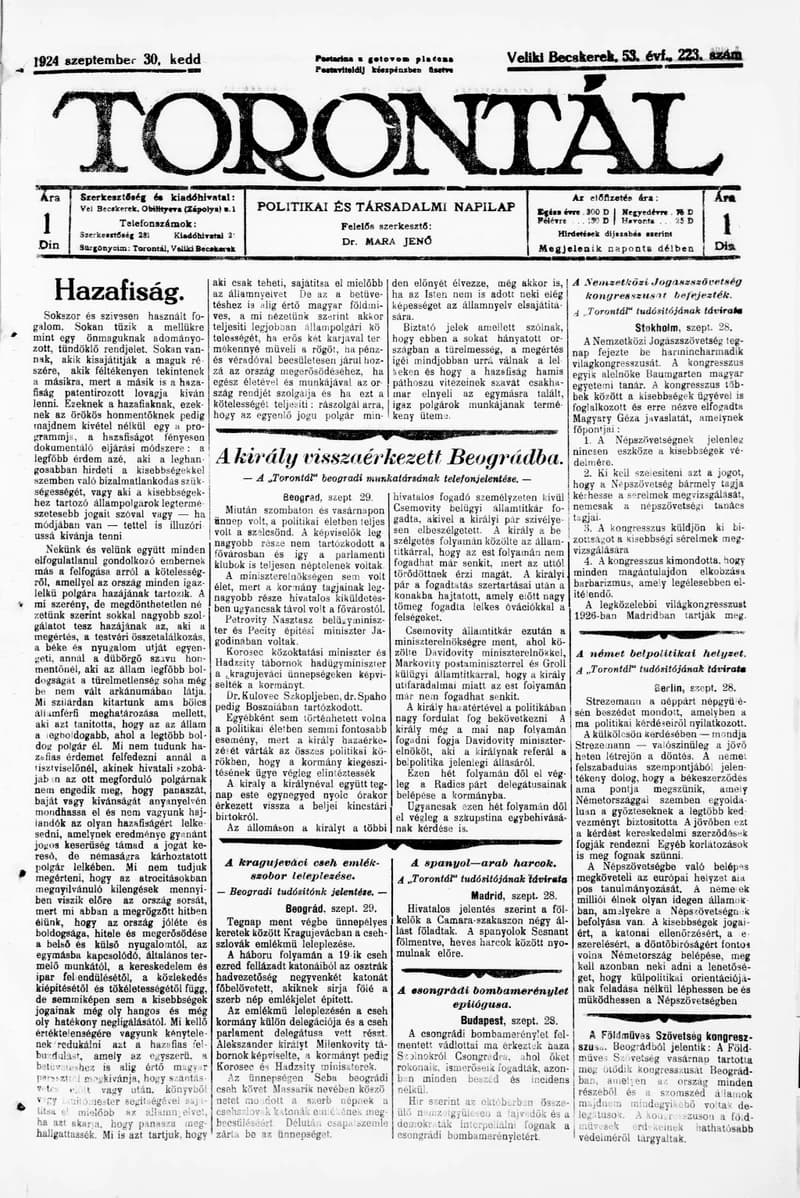 Torontál, 53. évf. 1924. szeptember 30. 223. sz.
