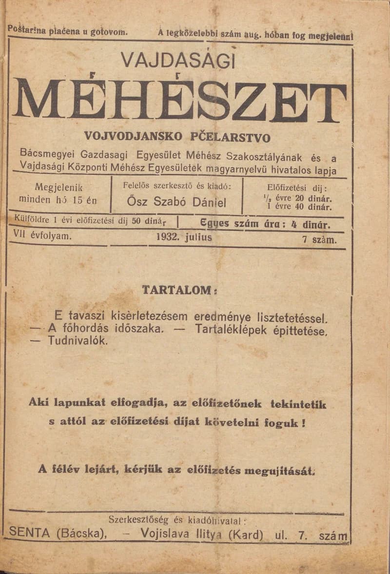 Vajdasági méhészet, 7. évf. 1932. július 1. 7. sz.