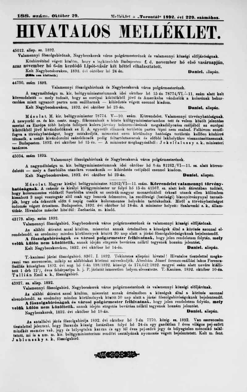 A Totontál  hivatalos melléklete, 5. évf. 1892. október 29. 188. sz.
