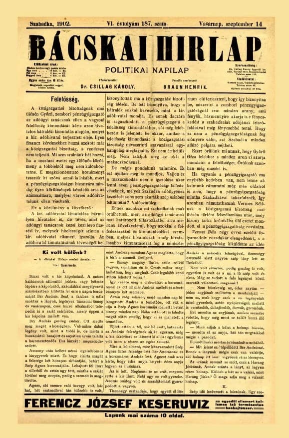 Bácskai Hirlap, 6. évf. 1902. szeptember 14. 187. sz.