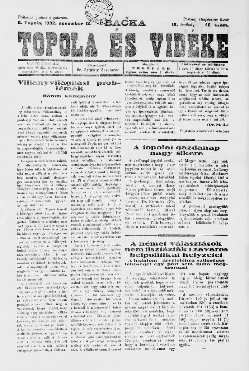 Bačka Topola és Vidéke, 9. évf. 1932. november 13. 46. sz.