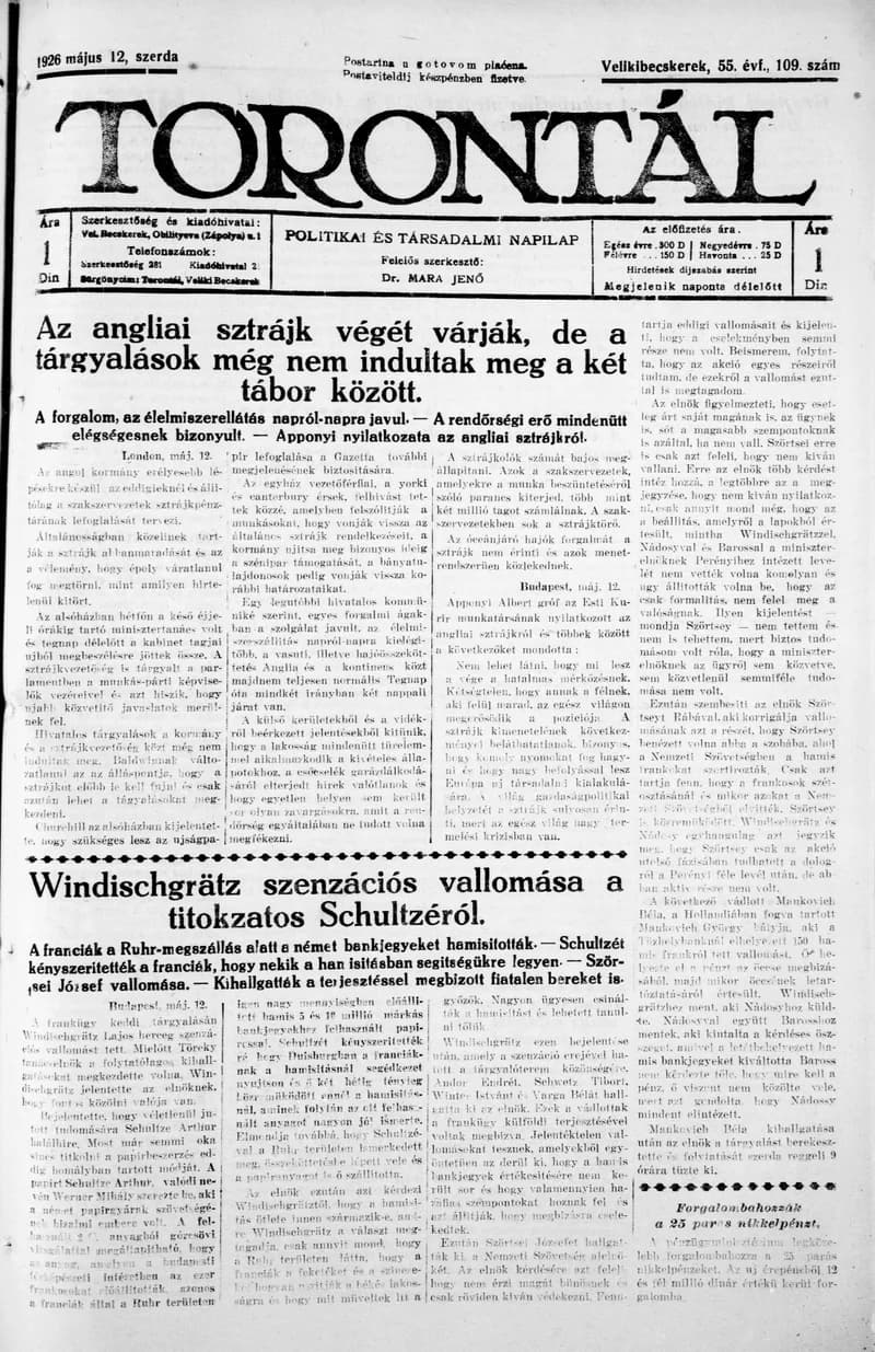 Torontál, 55. évf. 1926. május 12. 109. sz.