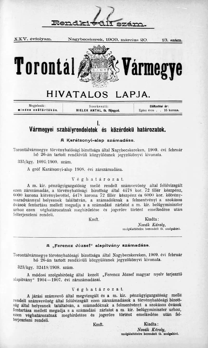 Torontál Vármegye Hivatalos Lapja, 25. évf. 1909. március 20. 13. sz.
