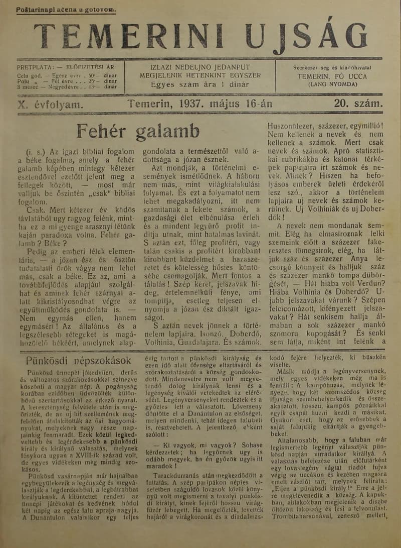 Temerini Újság 1928-1944, 10. évf. 1937. május 16. 20. sz.