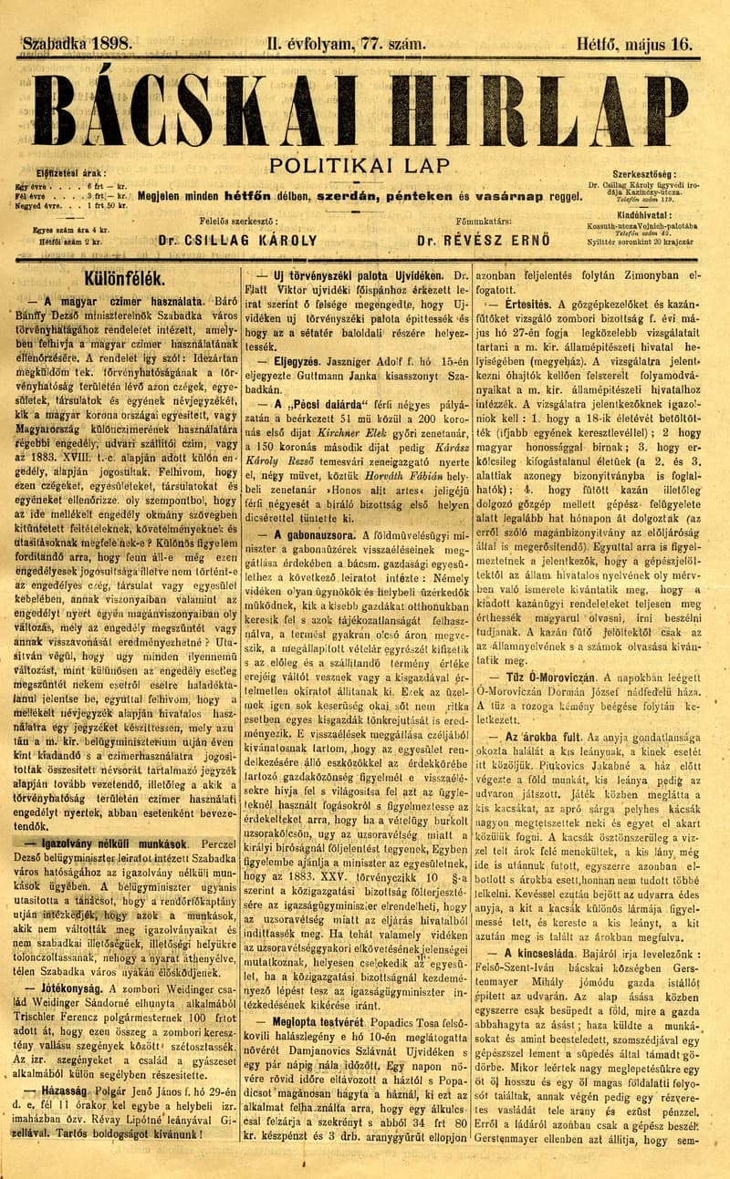Bácskai Hirlap, 2. évf. 1898. május 16. 77. sz. 1–2. oldal