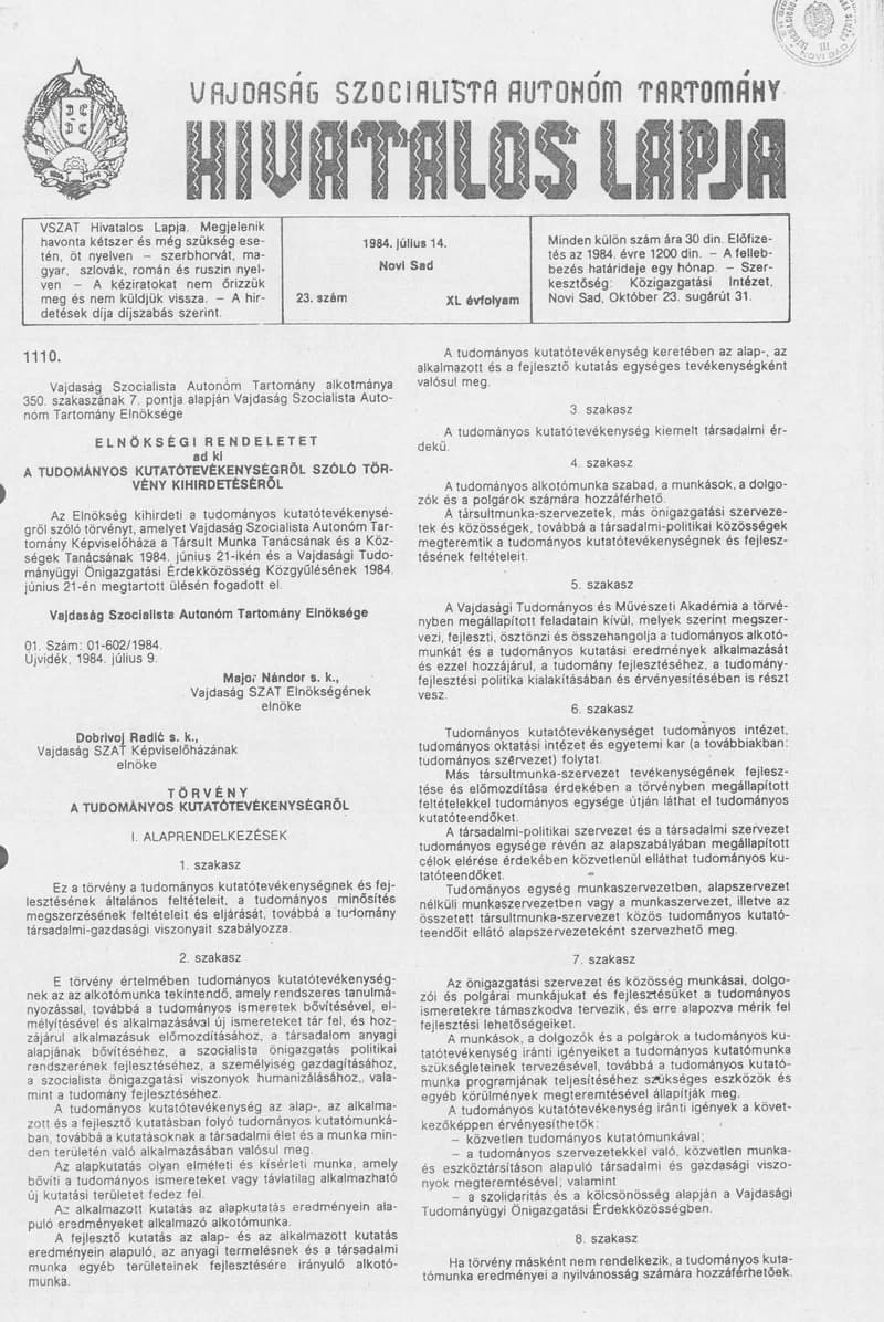Vajdaság Szocialista Autonóm Tartomány Hivatalos Lapja, 40. évf. 1984. július 14. 23. sz.