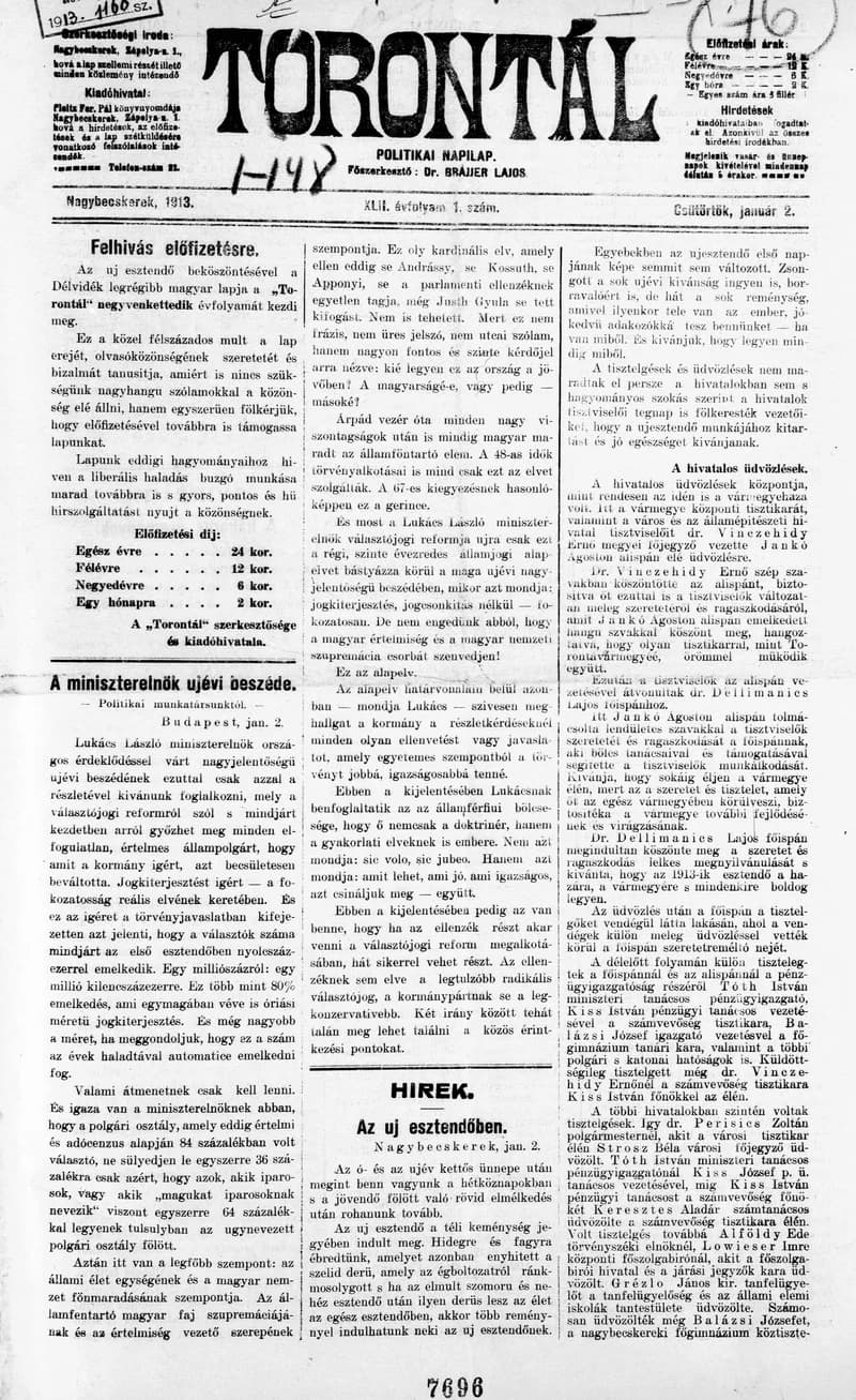 Torontál, 42. évf. 1913. január 2. 1. sz.