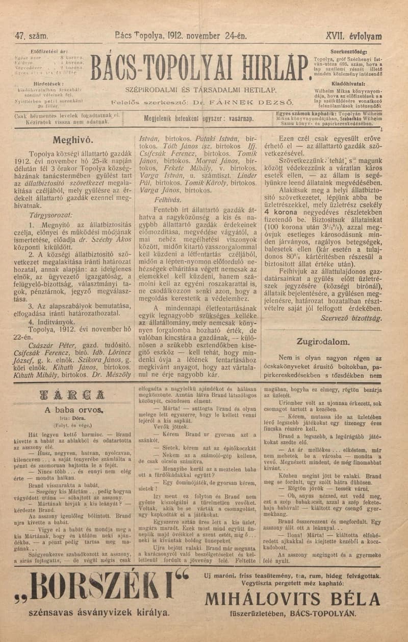 Bács-Topolyai Hirlap, 17. évf. 1912. november 24. 47. sz.
