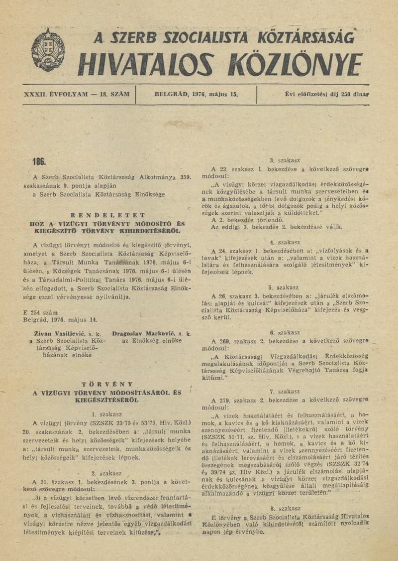 A Szerb Szocialista Köztársaság Hivatalos Közlönye, 32. évf. 1976. május 15. 18. sz. 9–10. oldal