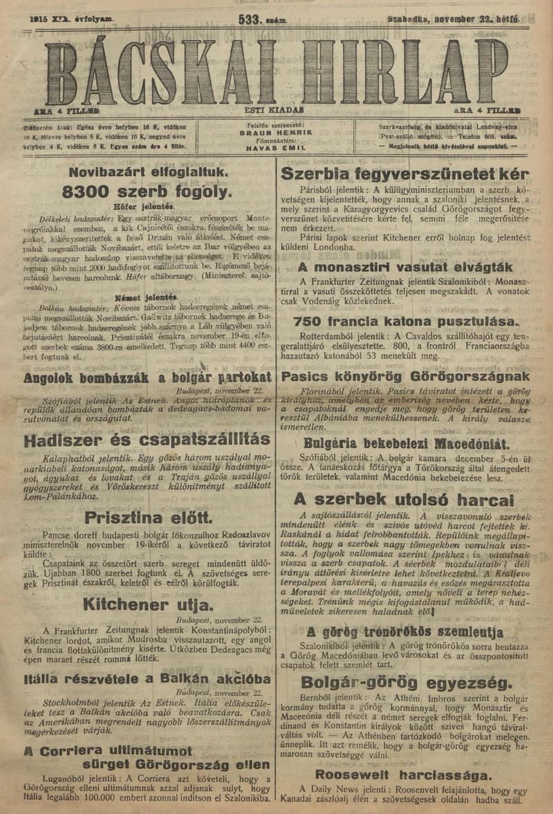 Bácskai Hirlap, 19. évf. 1915. november 22. 533. sz.