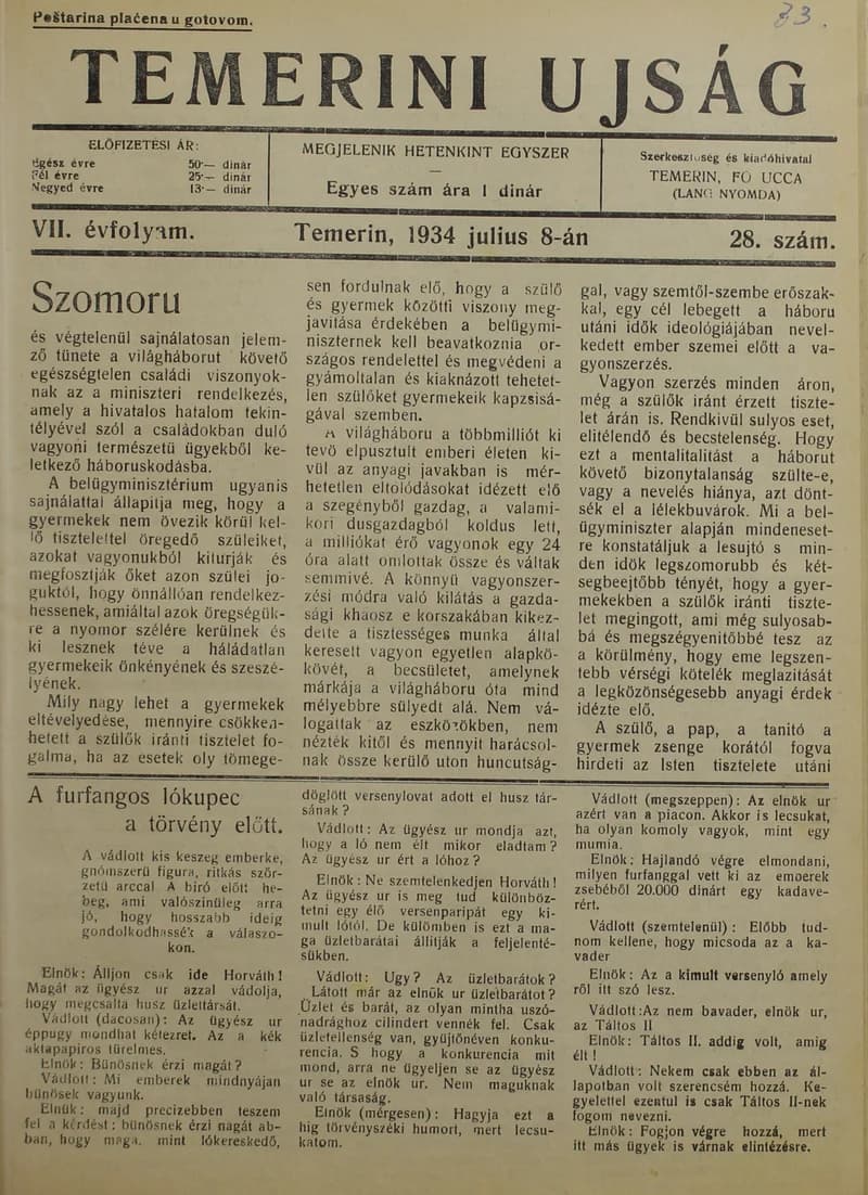 Temerini Újság 1928-1944, 7. évf. 1934. július 8. 28. sz.