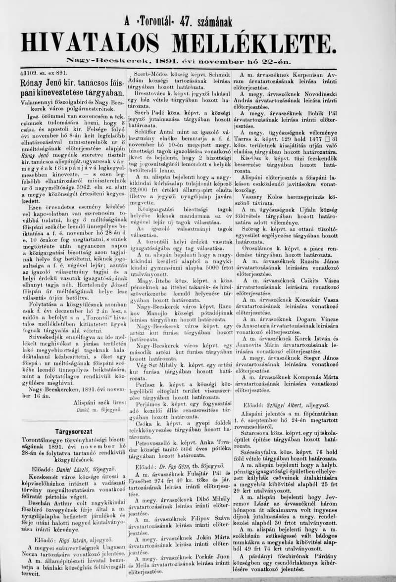 A Totontál  hivatalos melléklete, 4. évf. 1891. november 22. 47. sz.