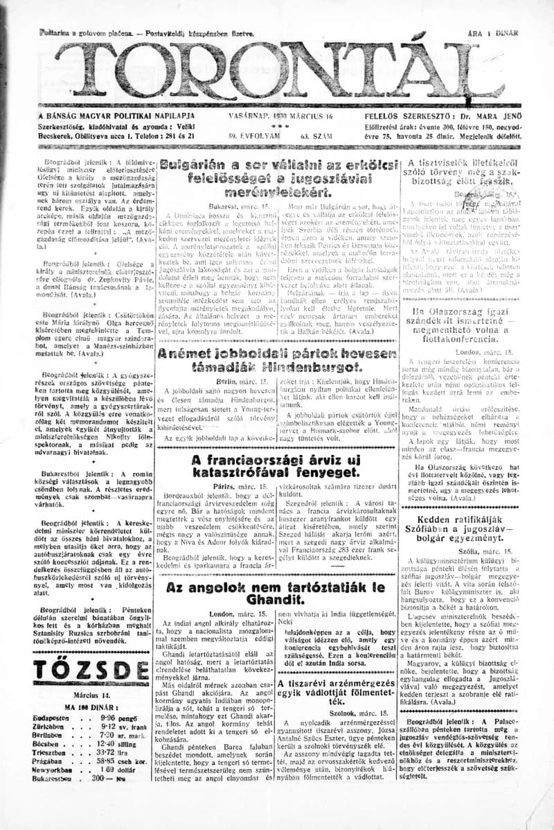 Torontál, 59. évf. 1930. március 16. 63. sz.