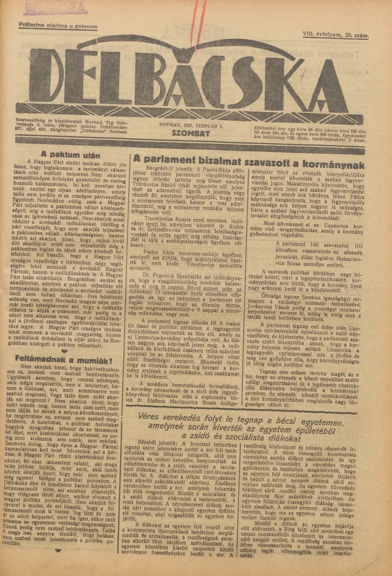 Délbácska, 8. évf. 1927. február 5. 29. sz.