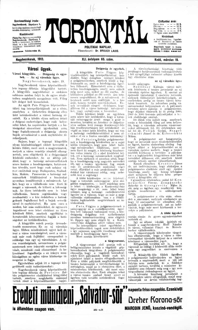Torontál, 41. évf. 1912. március 19. 65. sz.