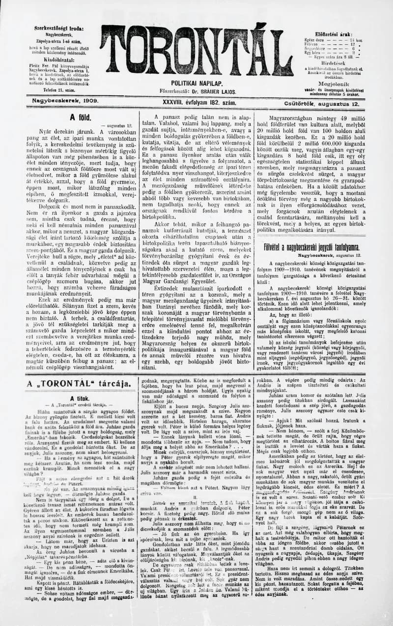 Torontál, 38. évf. 1909. augusztus 12. 182. sz.