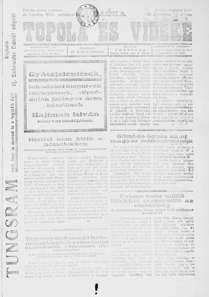 Bačka Topola és Vidéke, 9. évf. 1932. október 2. 40. sz.