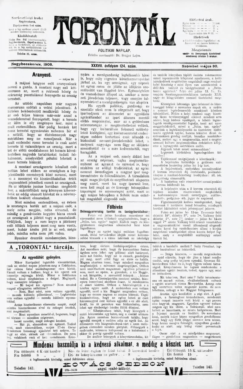 Torontál, 37. évf. 1908. május 30. 124. sz.